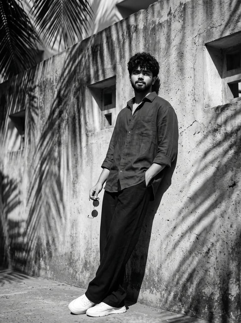 Monochrome Minimalist Man Editorial Fashion Photo Prompt