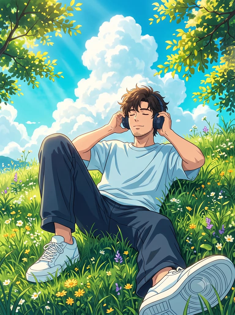 Anime Man Relaxing On Grass Summer AI Prompt