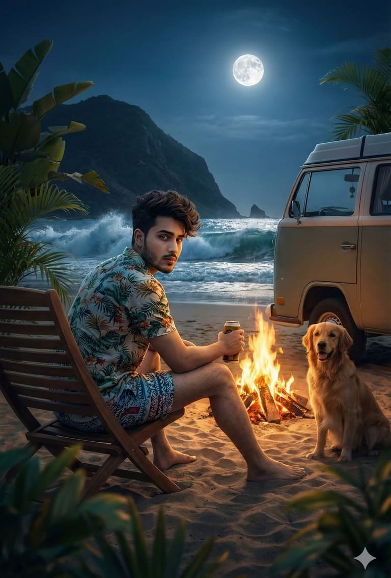 Night beach campfire AI Image Prompt Result