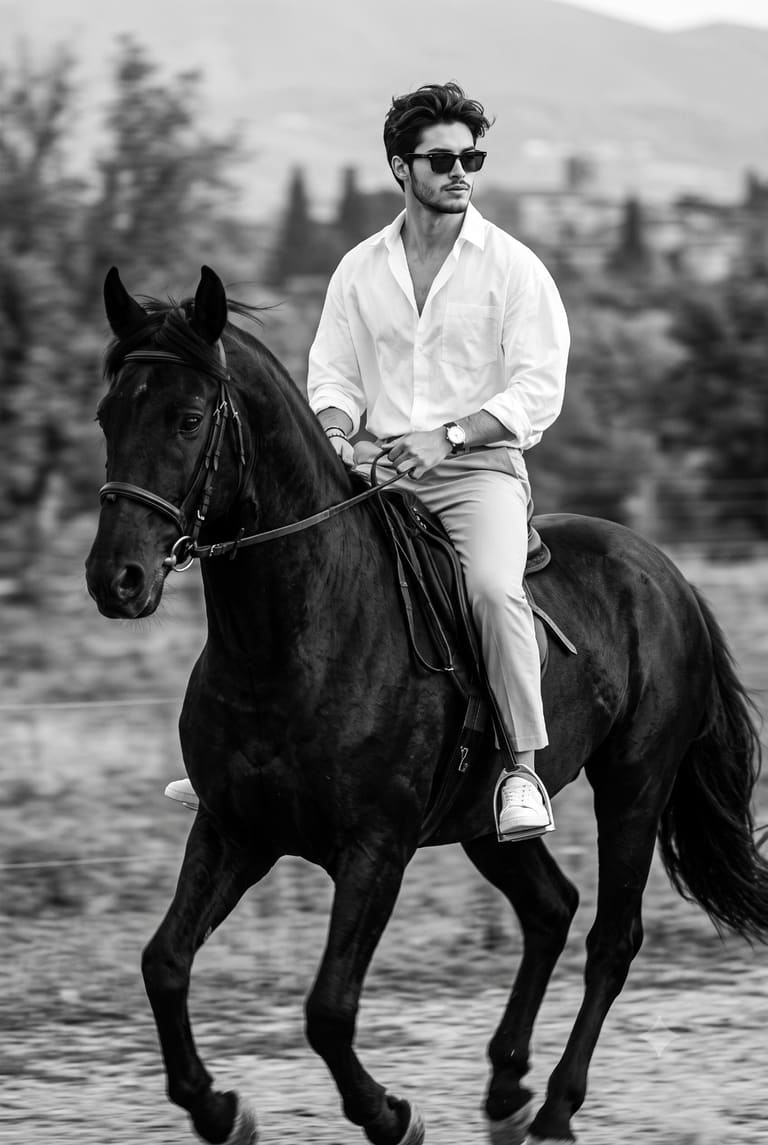 Stylish Man Riding Dark Horse Black and White Portrait