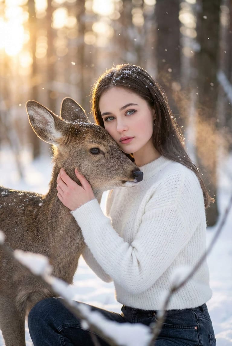 Girl and Fawn in the Snow