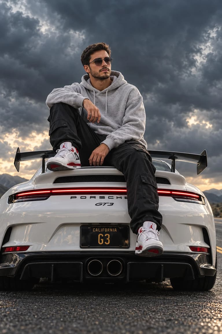 Boy Sitting on Porsche GT3 AI Prompt