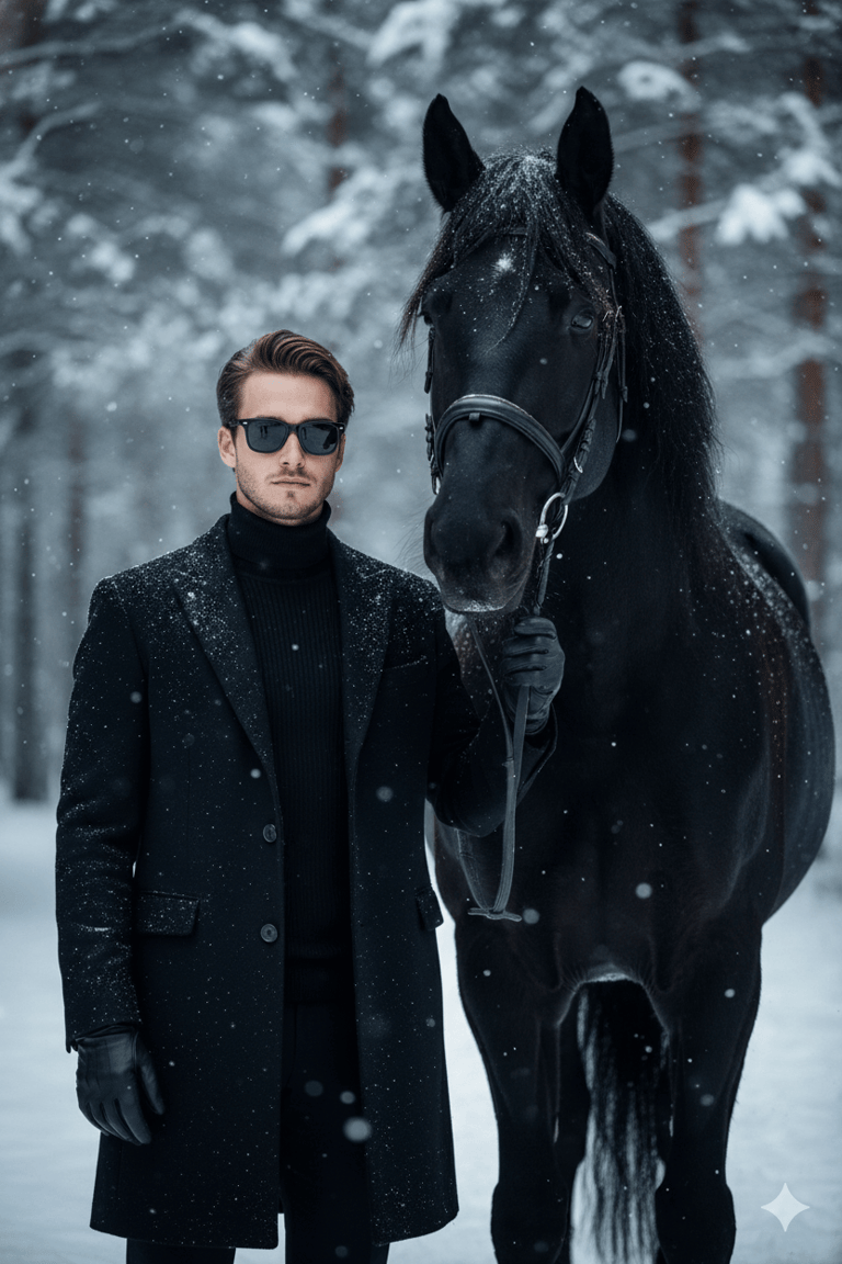 Stylish man holds horse
