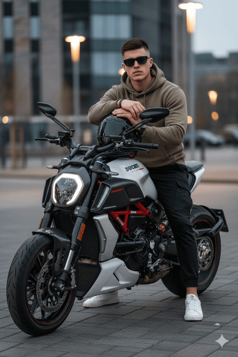Man sits on motorcycle