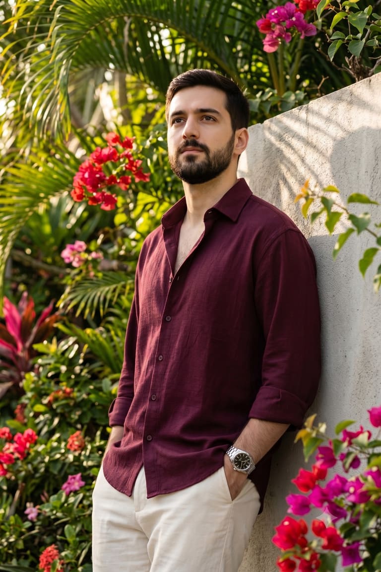 Man in Maroon Shirt Tropical Garden Portrait