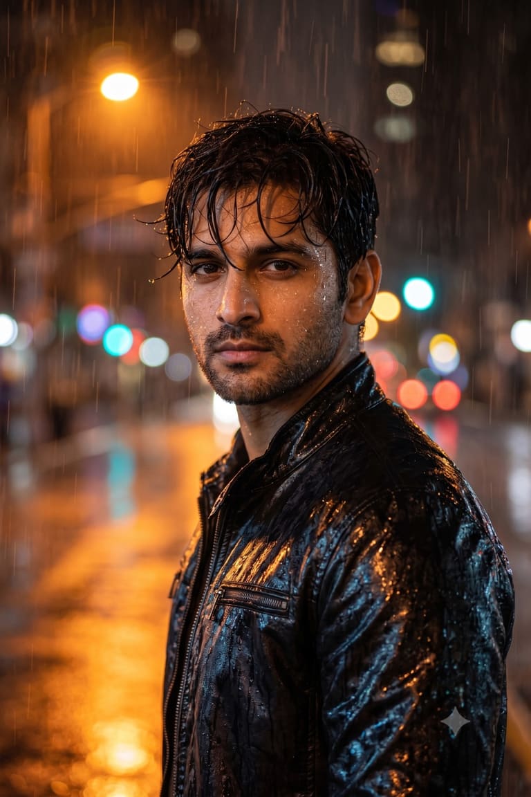 Urban Night Street Portrait in the Rain