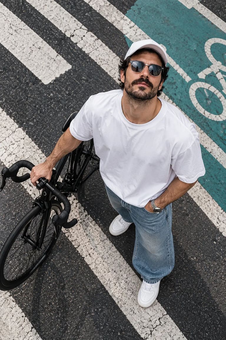 Top Down Man Bicycle Street Photography AI Prompt