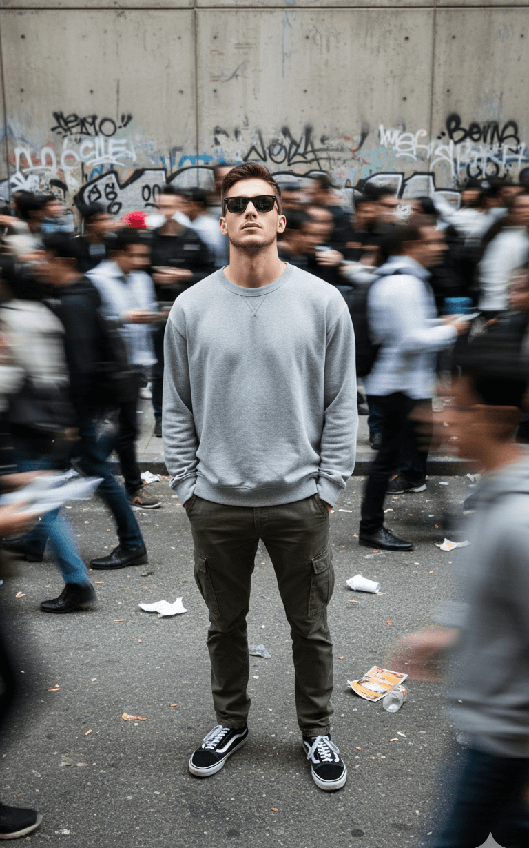 Man stands amidst chaos AI Image Prompt Result