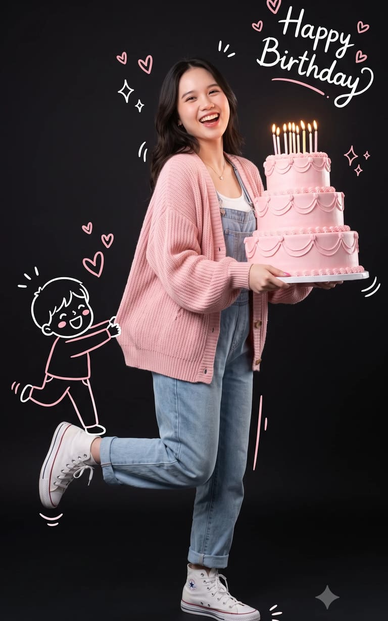 Playful Girl Doodle Birthday Celebration Studio Photo