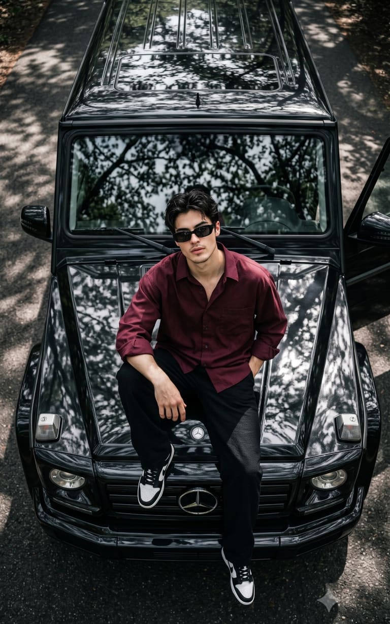 Rich Aesthetic Guy in Burgundy Shirt Portrait