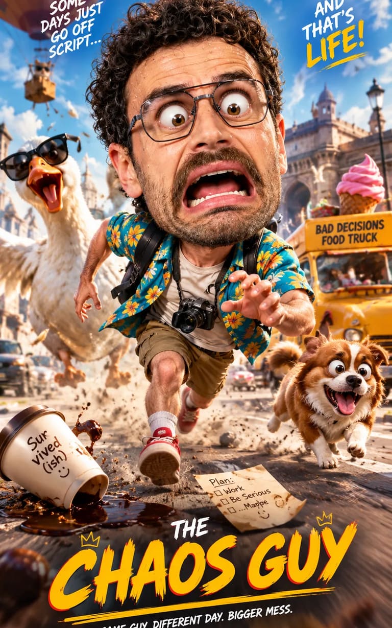 Cinematic 3D Chaotic Caricature Action Poster Prompt