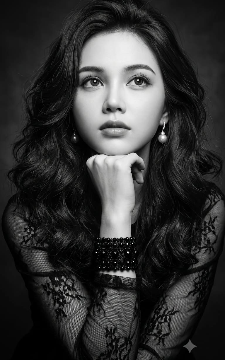 Black and White Thoughtful Woman Portrait AI Prompt