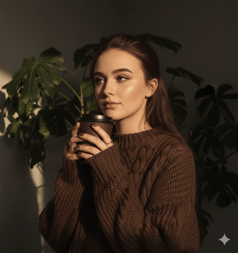 Pensive woman holding coffee AI Image Prompt Result