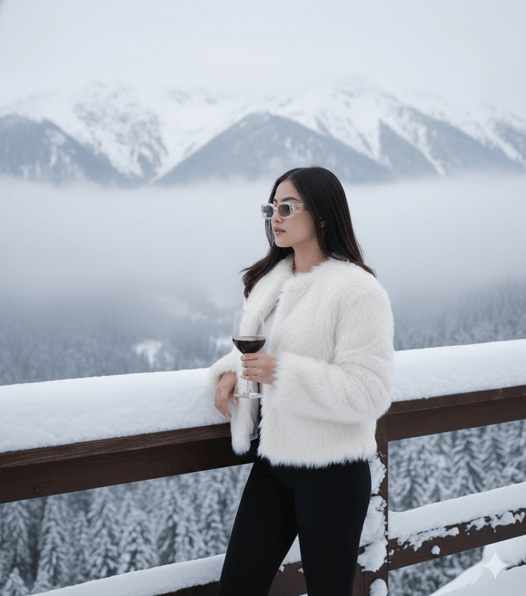 Woman enjoys snowy view AI Image Prompt Result