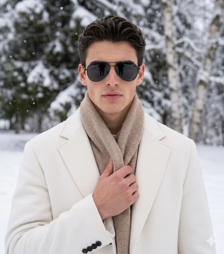 Man White Coat & Aviator Sunglasses Fashion Portrait