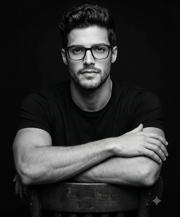 Man Sitting on Chair B&W Portrait AI Prompt