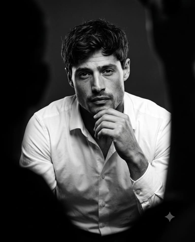 Black and White Thoughtful Man Portrait Prompt