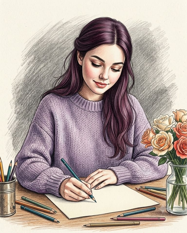 Colored Pencil Sketch of Woman Writing