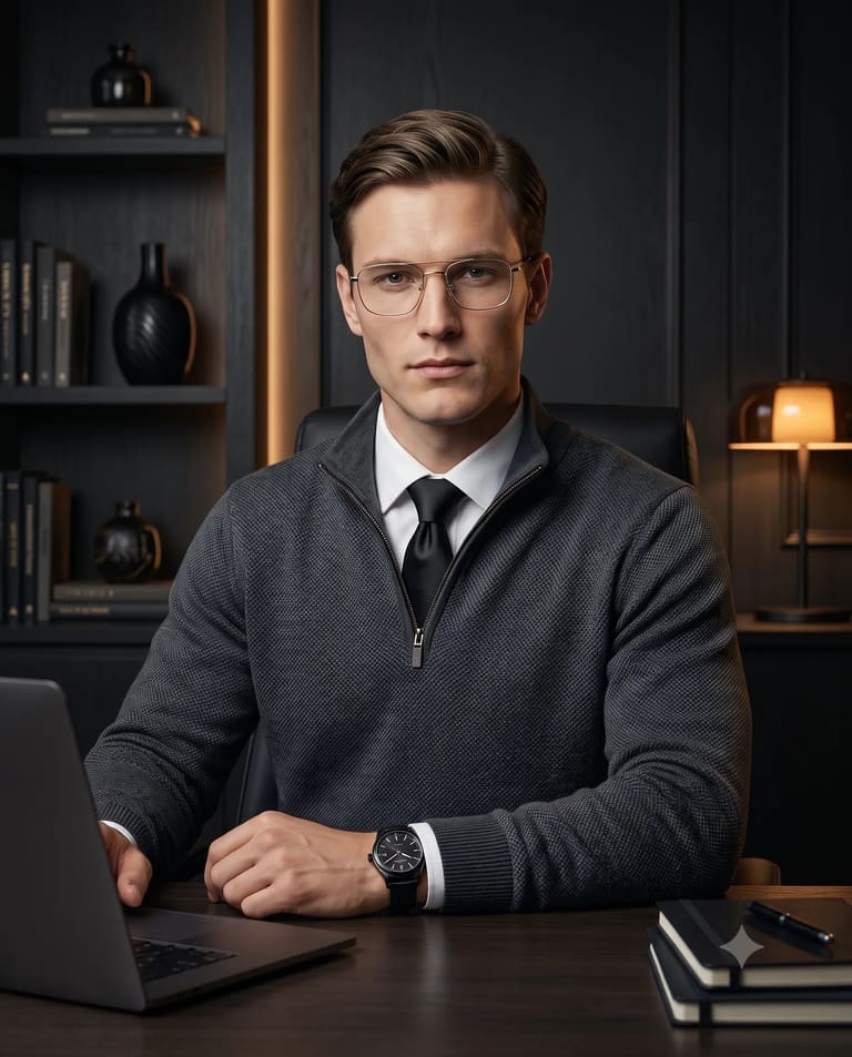 Businessman at Office Desk with Laptop Portrait