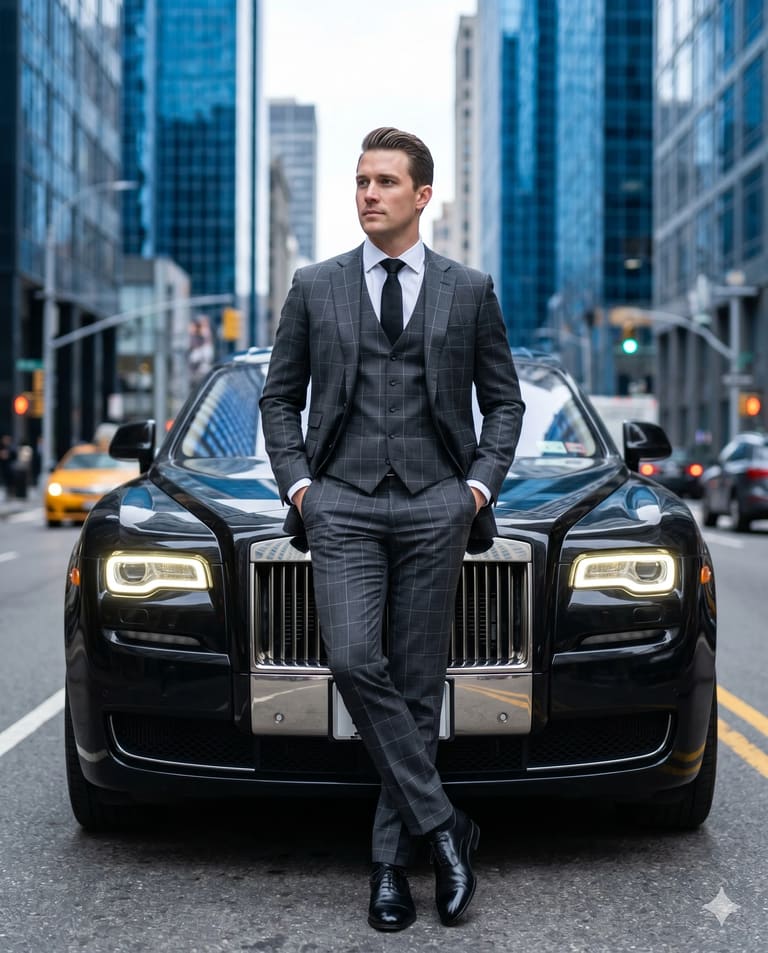 Man in Plaid Suit Against Luxury Car