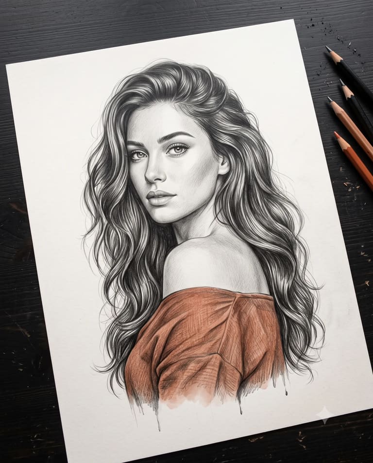 Graphite & Color Female Sketch AI Art
