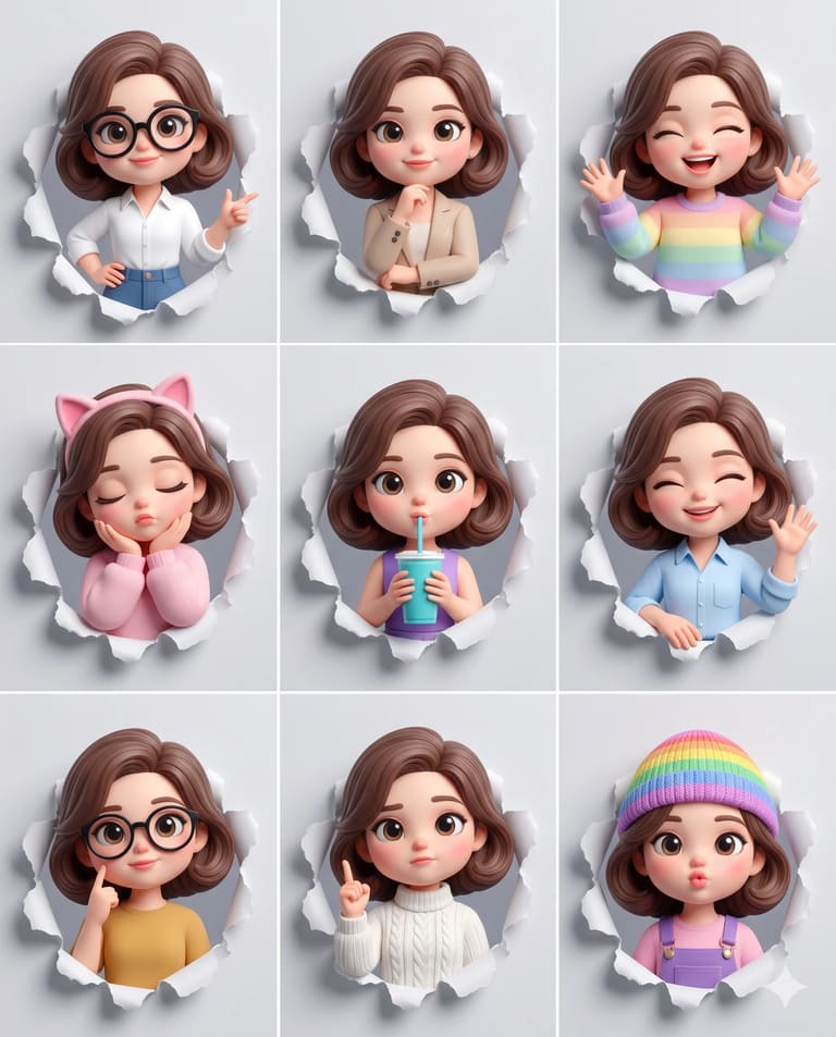 3D Girl Avatar Sticker Sheet Grid