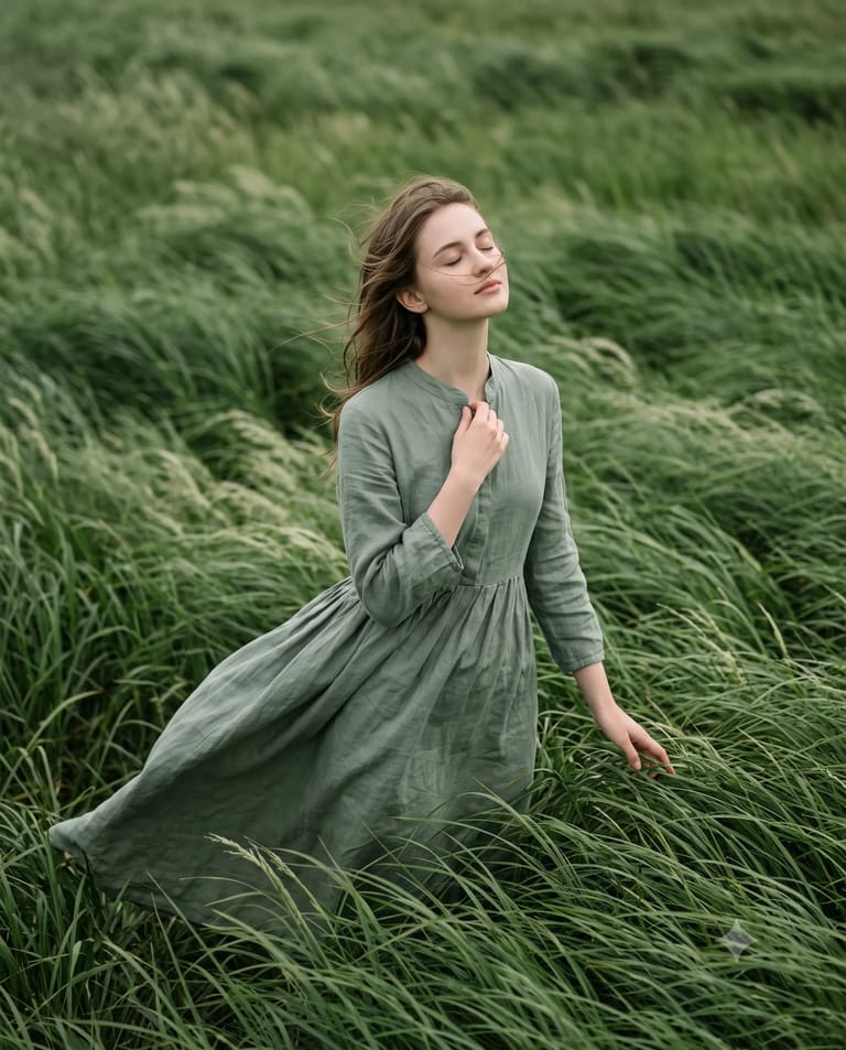 Serene Woman in Wind Green Field