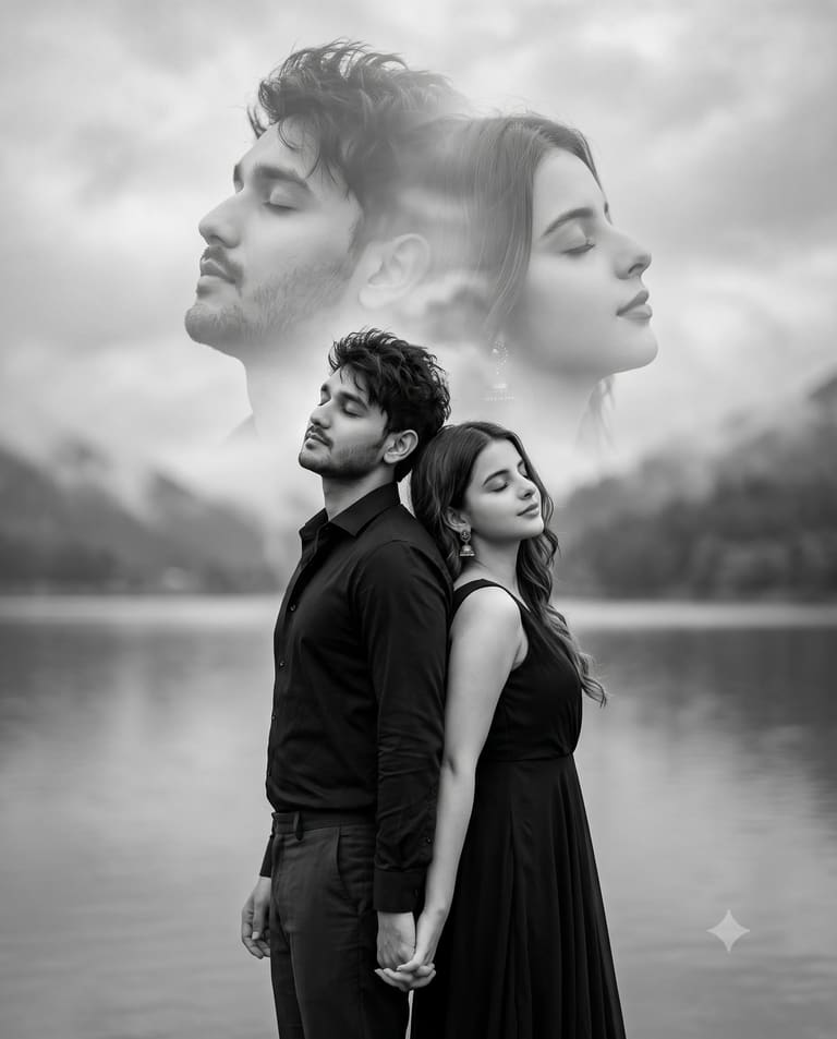 Double Exposure B&W Couple By Lake Portrait