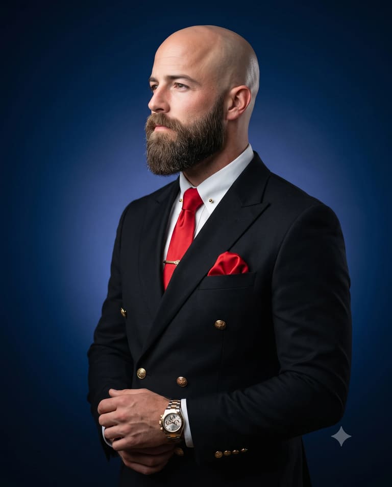 Man Black Suit Red Tie Blue Background Profile Photo Prompt