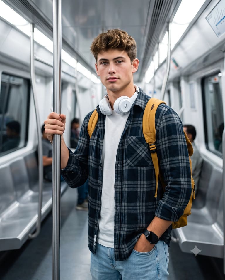 Young Man Commuting on a Modern Subway Train