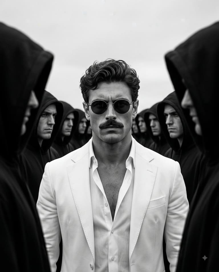 White Suit Man in Hooded Crowd
