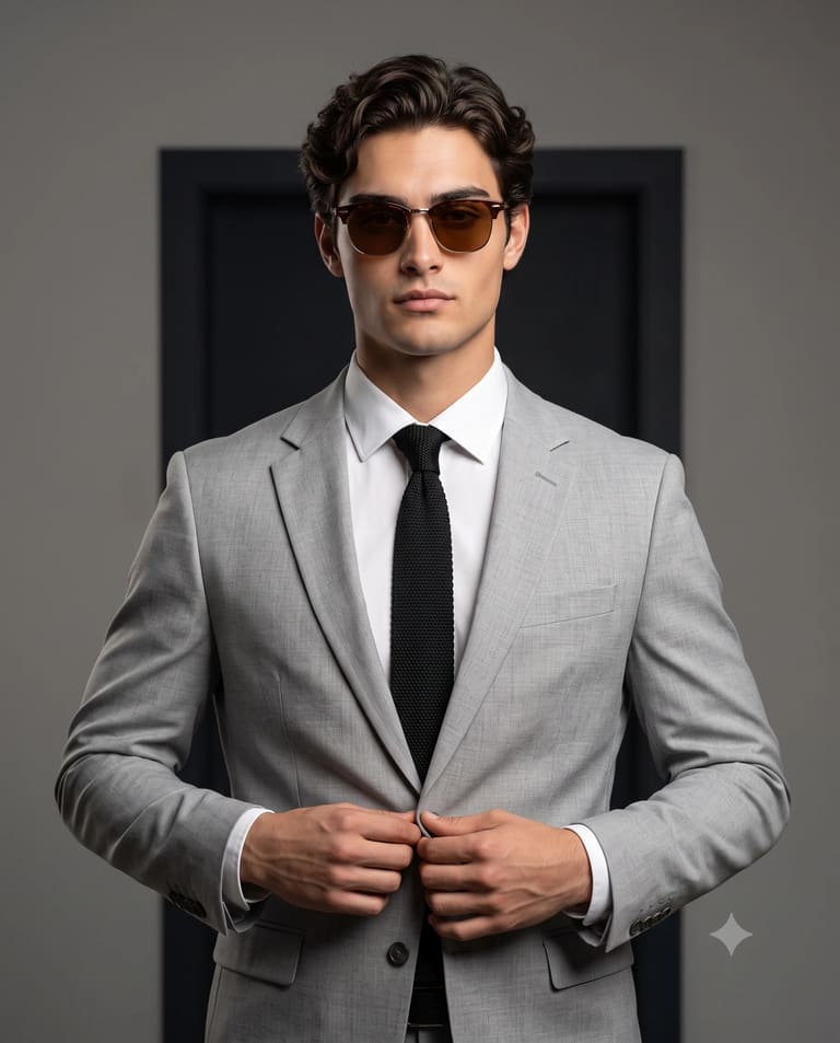 Stylish Man Clubmaster Sunglasses & Gray Suit Studio Photo Prompt