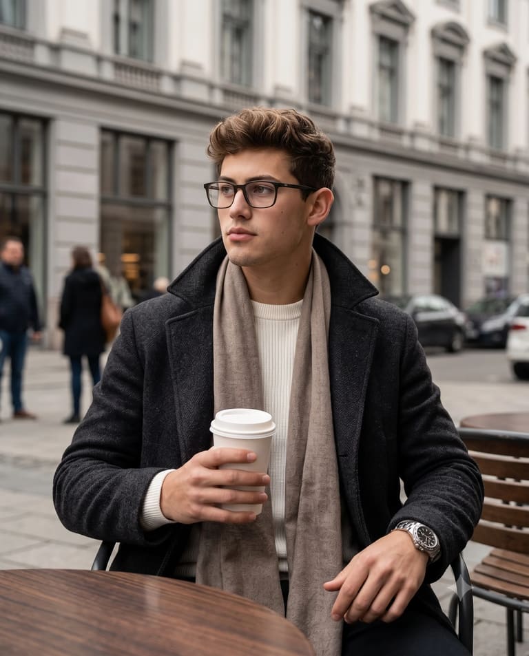 Man Enjoying Coffee at an Outdoor City Cafe