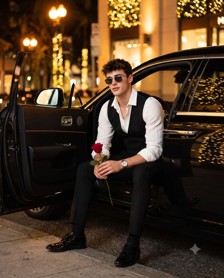 Man with a Rose in a Luxury Car