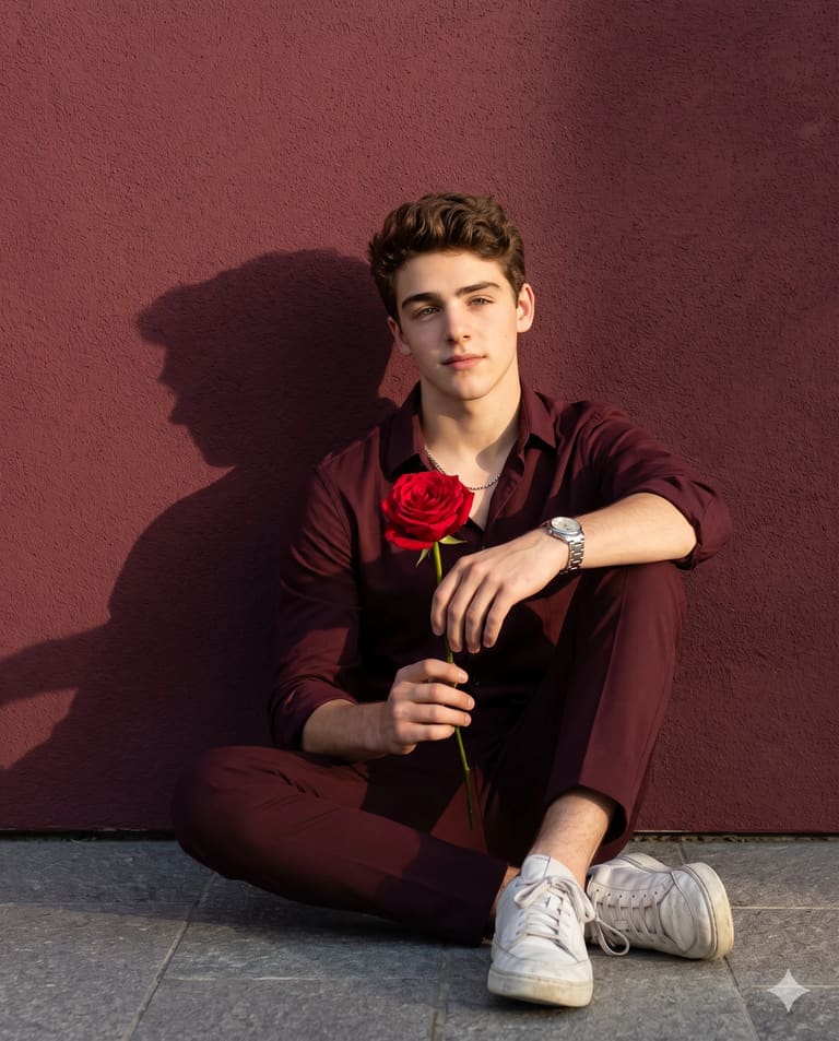 Man Holding Red Rose Burgundy Wall Portrait AI Prompt