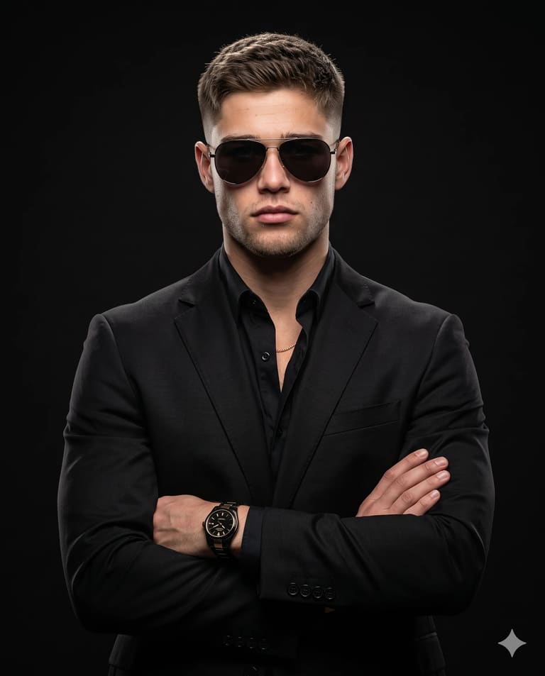 Intense Man Black Suit Sunglasses AI Prompt
