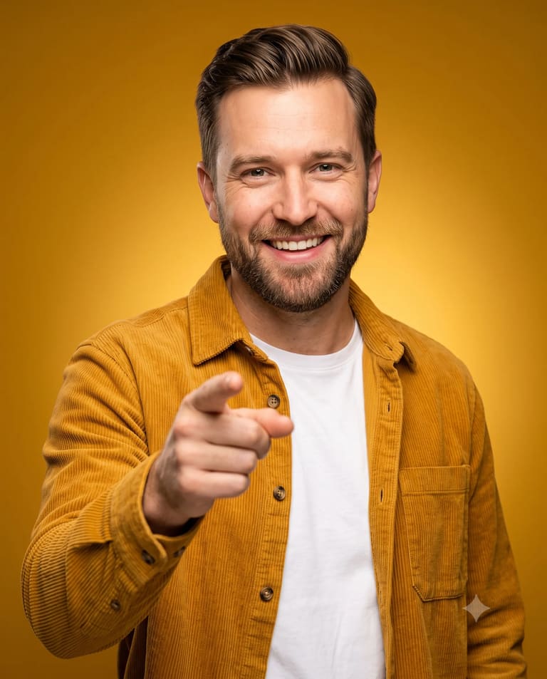 Yellow Background Pointing Portrait of Man
