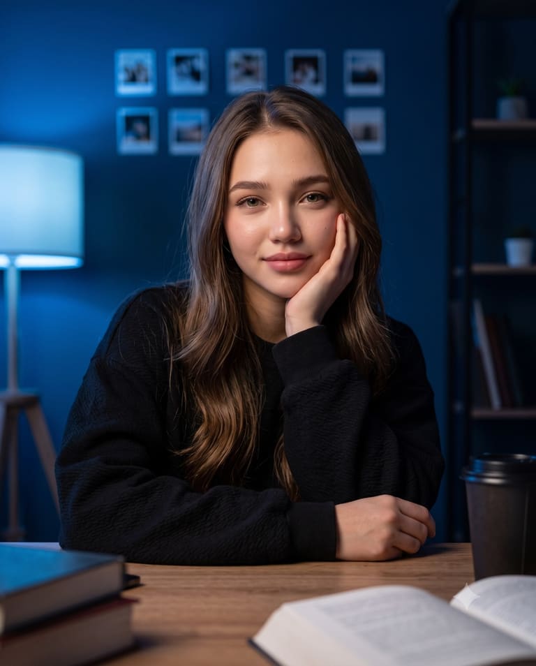 Casual Nighttime Study Session Portrait