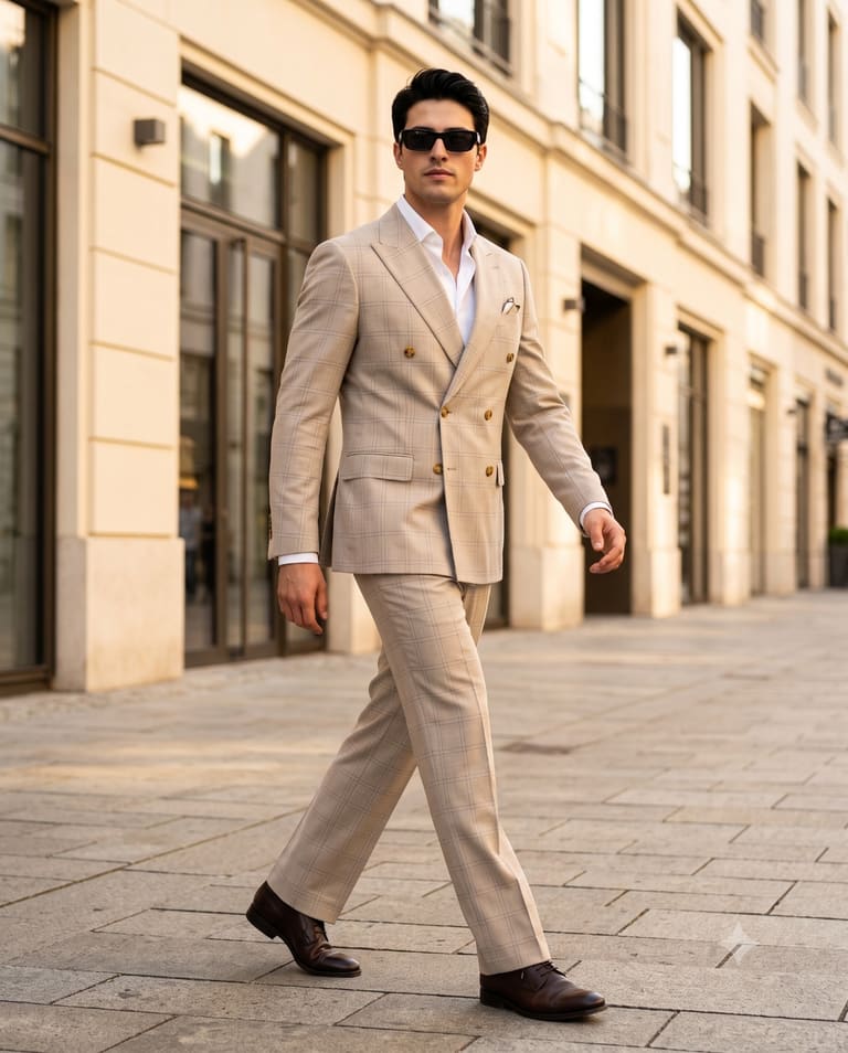 Man in Beige Double Breasted Suit Walking in City