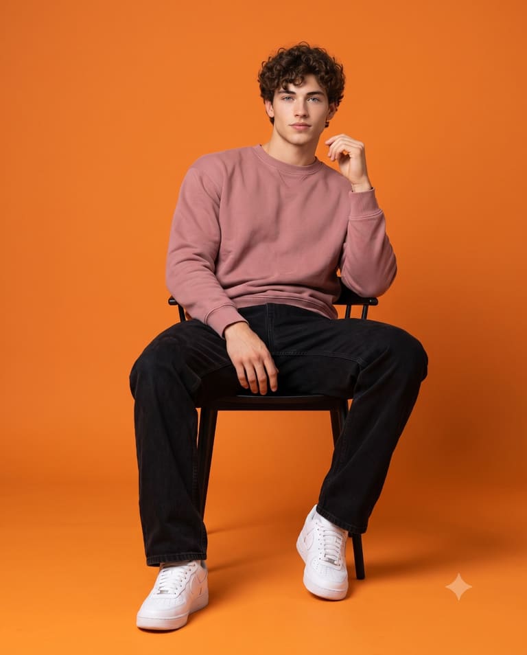 Casual Men's Fashion Portrait in Orange Studio