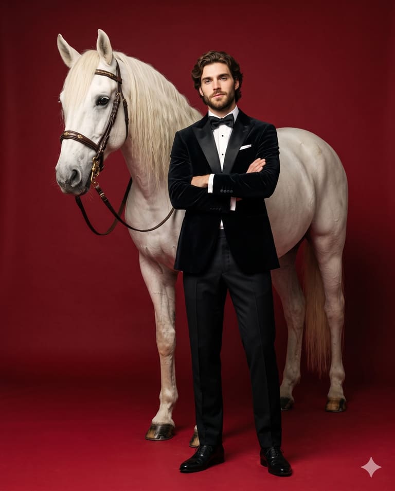 Elegant Man in Tuxedo with White Horse