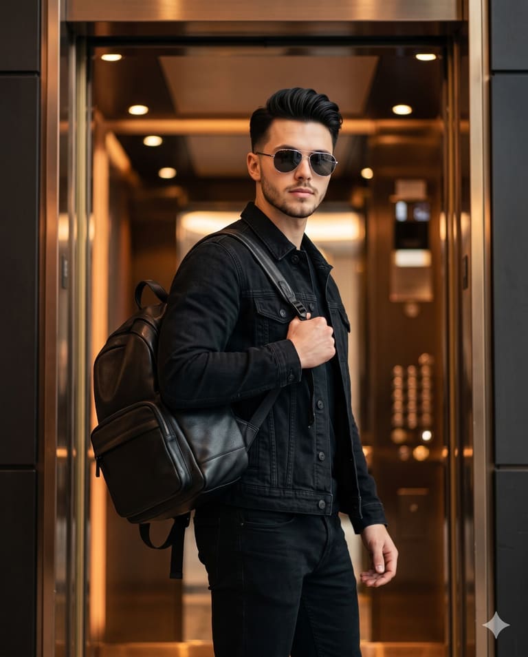 Stylish Man in Black Denim Elevator Portrait