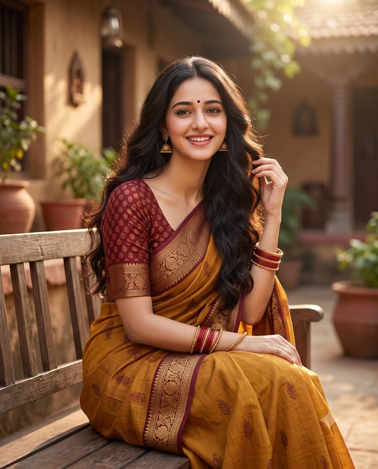 Graceful Saree Portrait in Heritage Courtyard