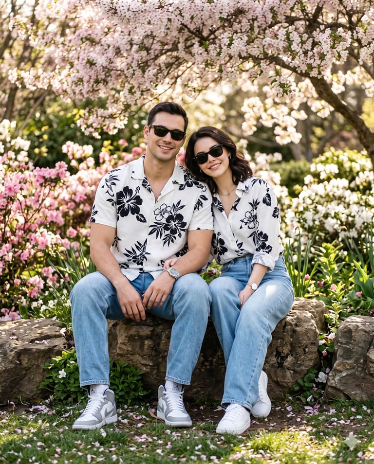 Casual Matching Shirts Couple Outdoor Portrait