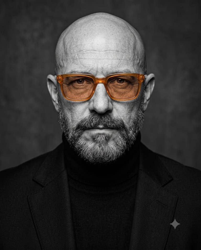 Dramatic B&W Portrait with Amber-Orange Glasses