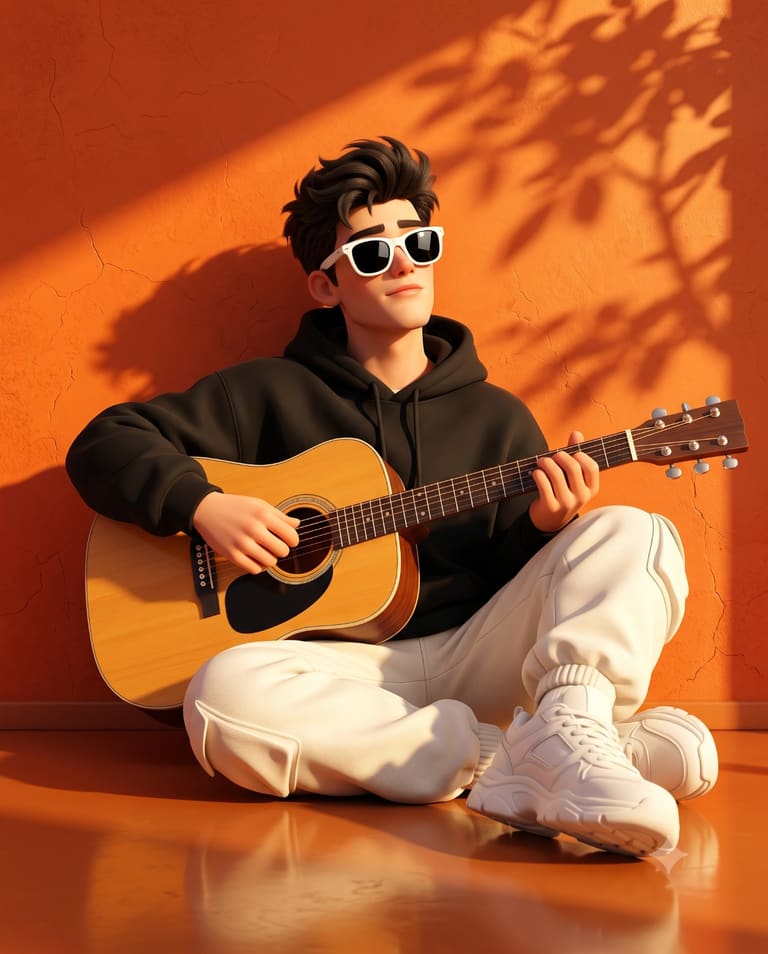 Pixar Style Boy Playing Acoustic Guitar