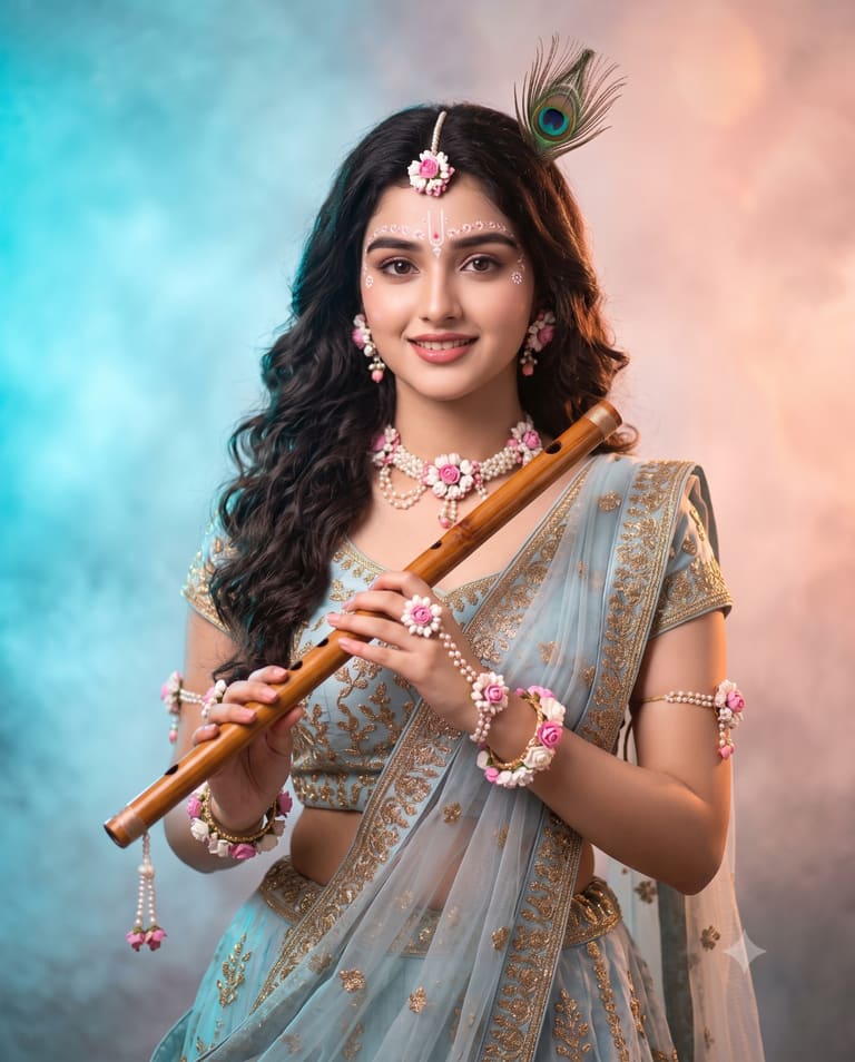 Beautiful Radha Portrait with Floral Jewelry and Flute