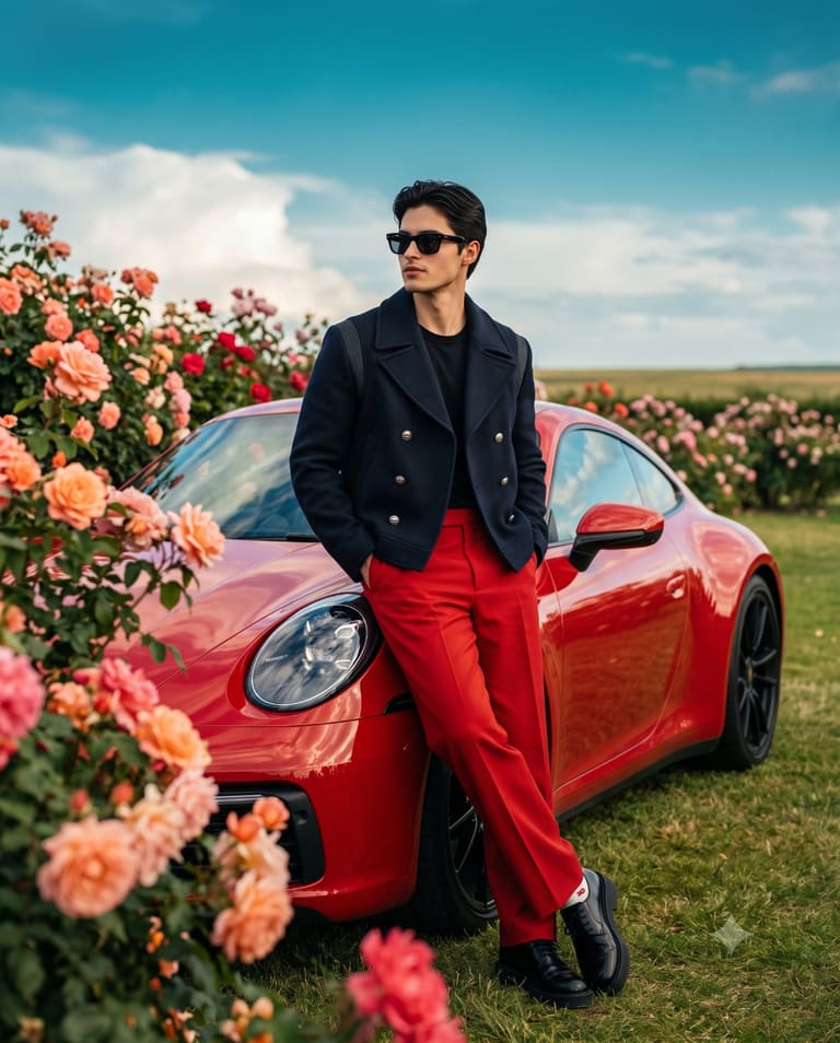 Red Sports Car and Stylish Man
