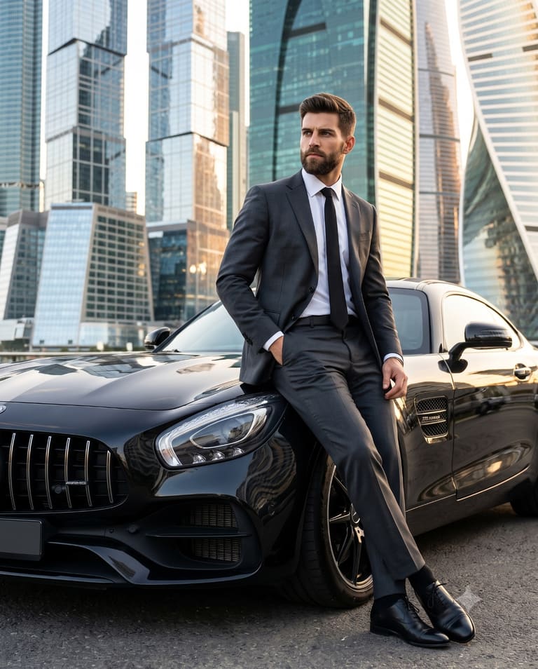 Modern City Street Portrait of Businessman and Car