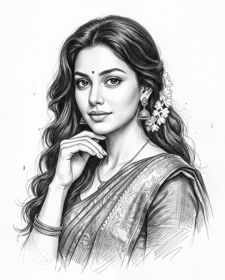 Beautiful Indian Woman Saree Pencil Sketch